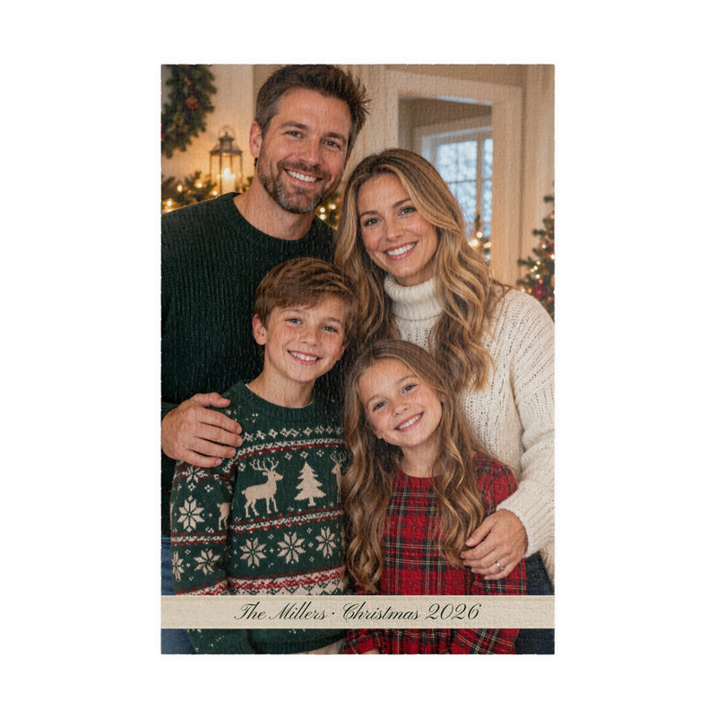 Personalized photo puzzle in portrait format with a family Christmas photo and custom text