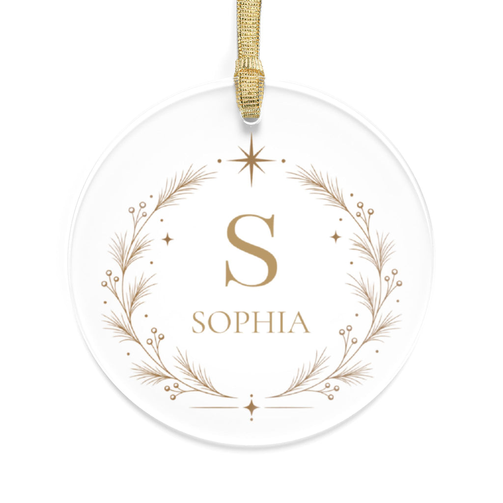 Personalized monogram Christmas ornament, clear acrylic with gold initial S, name Sophia and a botanical wreath