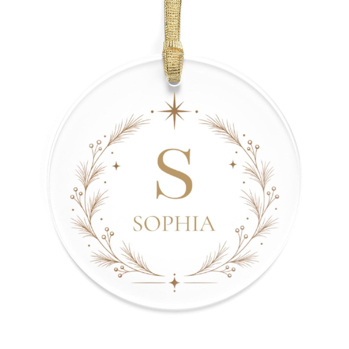 Personalized monogram Christmas ornament, clear acrylic with gold initial S, name Sophia and a botanical wreath