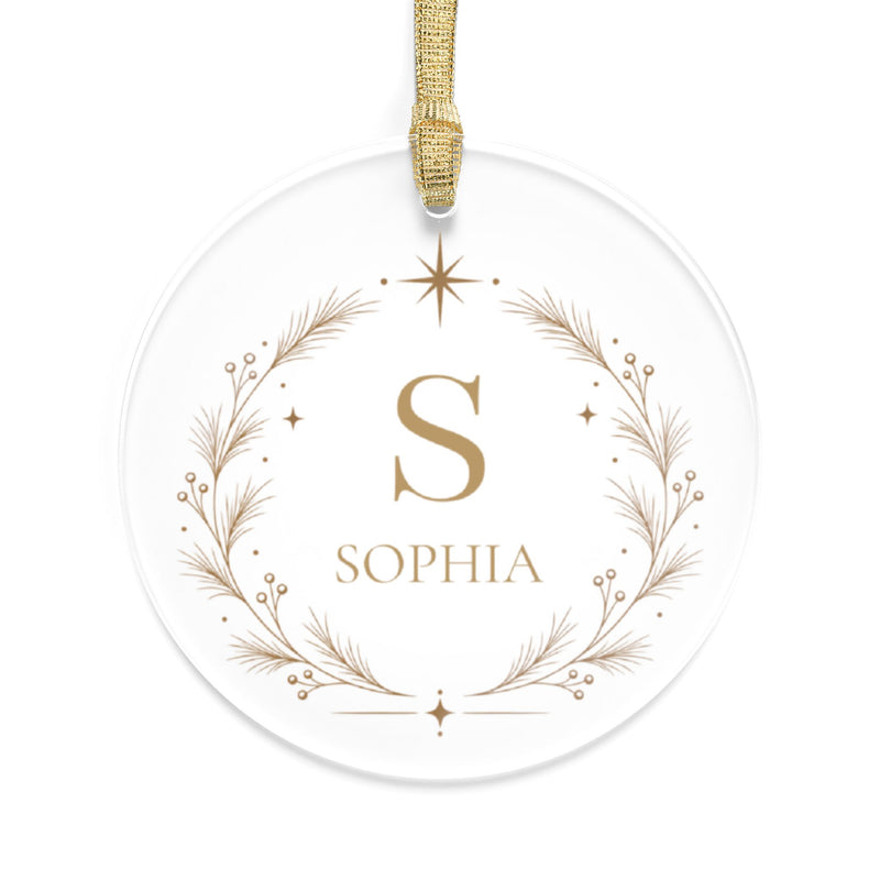 Personalized monogram Christmas ornament, clear acrylic with gold initial S, name Sophia and a botanical wreath