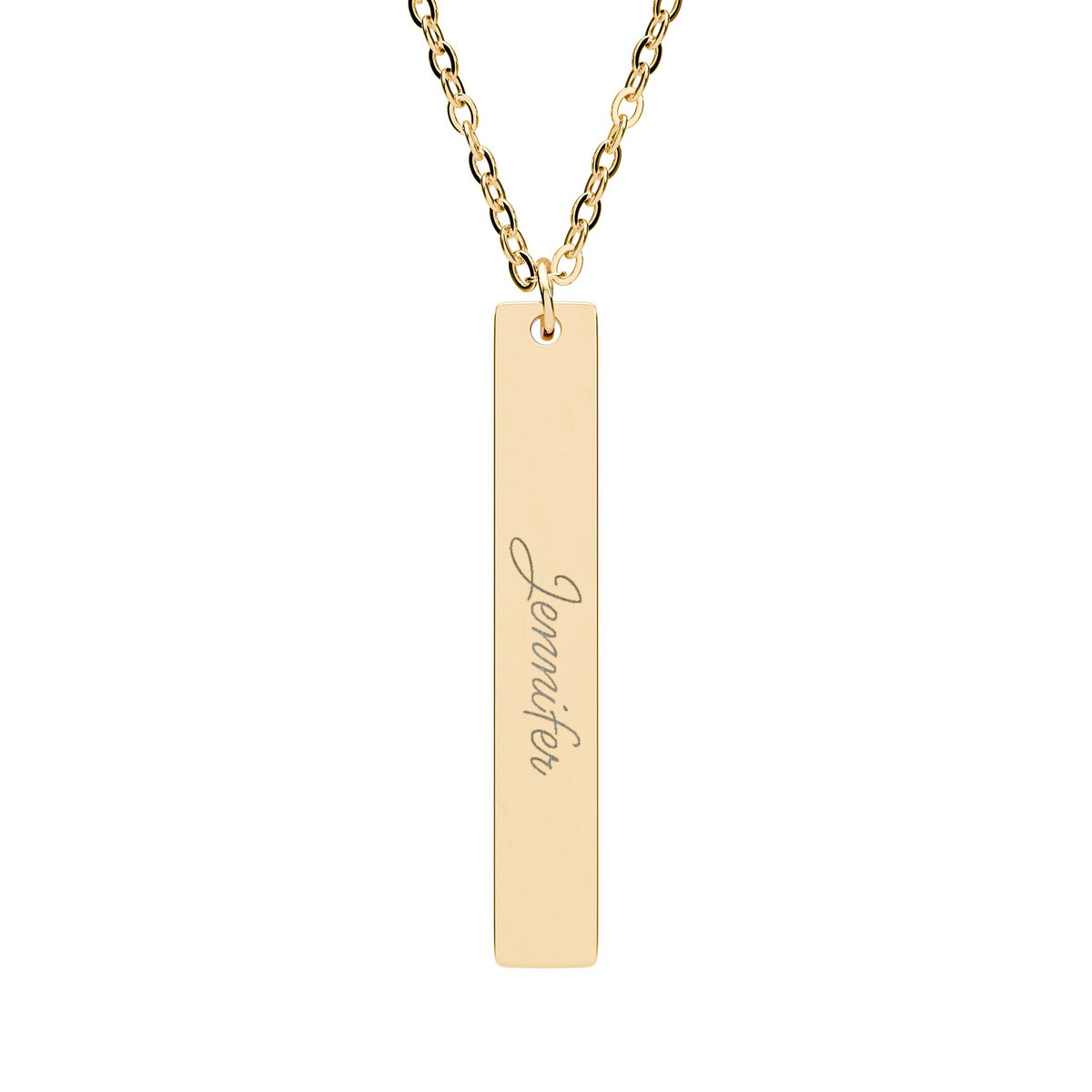 Personalized vertical name bar necklace in gold finish, engraved with a name in script