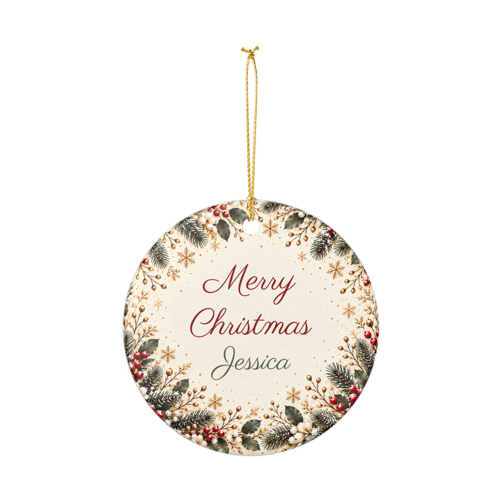 Round ceramic Merry Christmas name ornament hanging from gold string