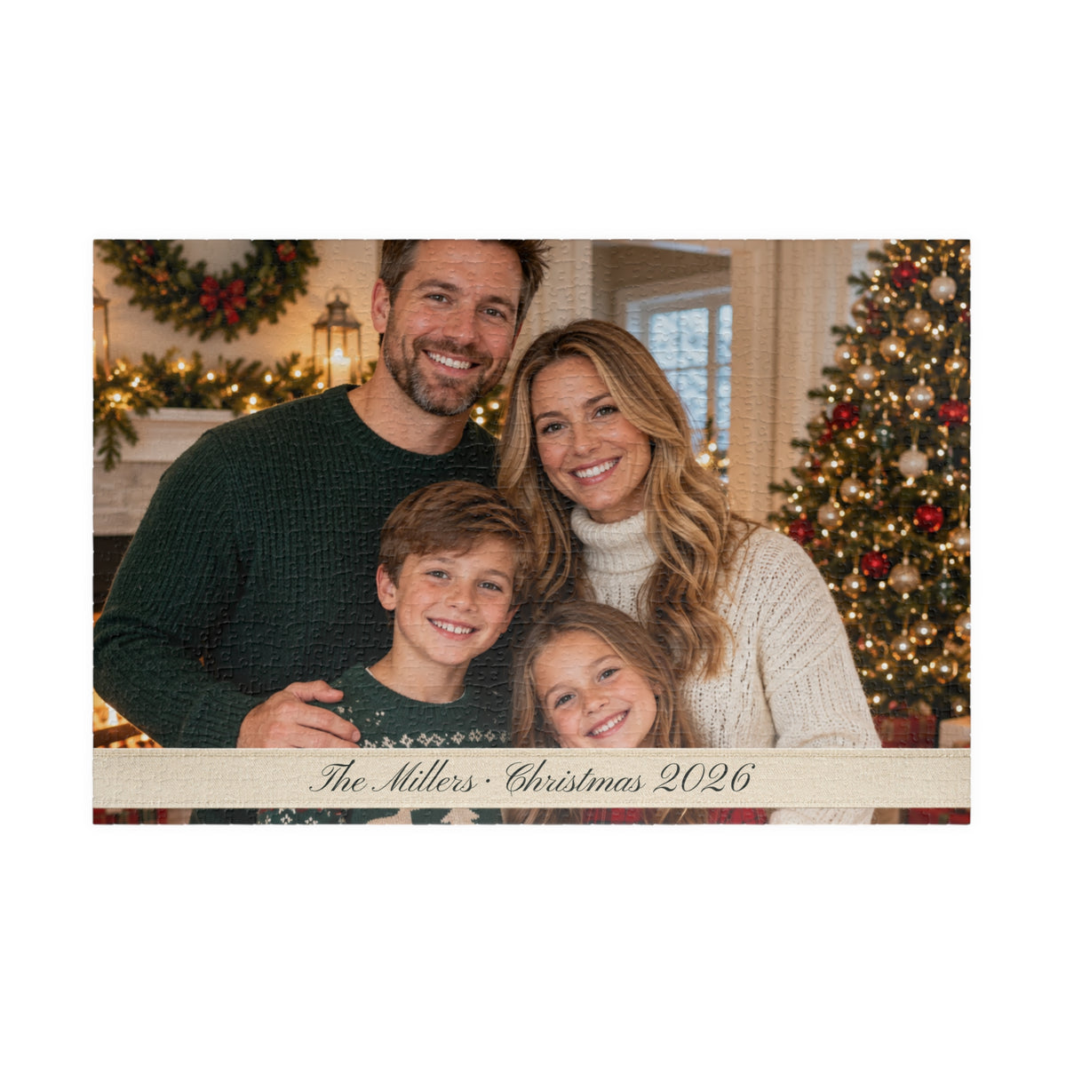 Wide landscape photo puzzle with a family Christmas photo and name text