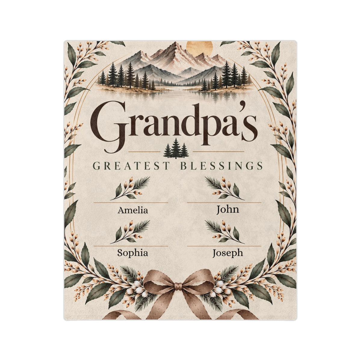 Grandpa blanket with grandkids names, Grandpa's Greatest Blessings with a mountain lake, folded corner showing the plain white back