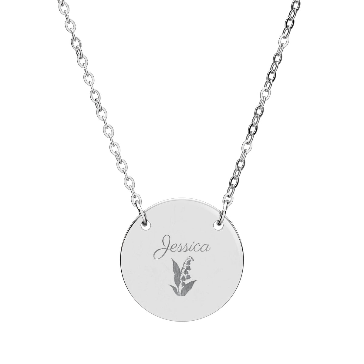 May birth flower necklace in stainless steel, engraved with lily of the valley and the name Jessica