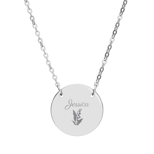 May birth flower necklace in stainless steel, engraved with lily of the valley and the name Jessica