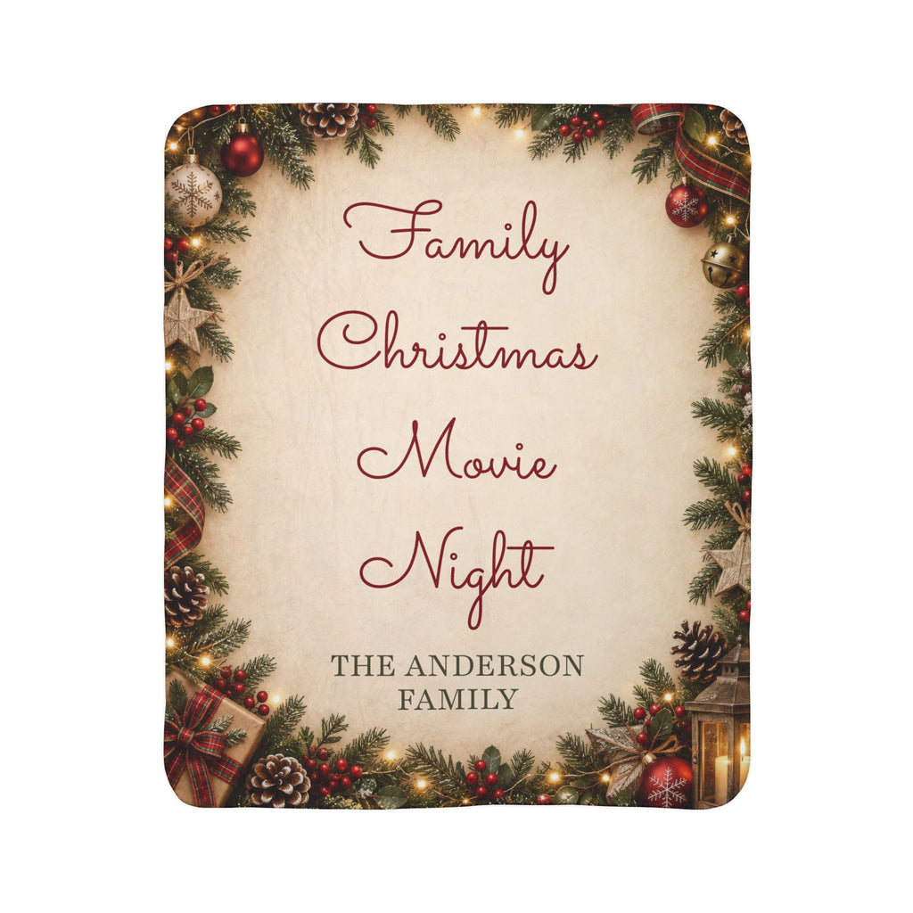 Personalized Family Christmas Family Name Sherpa Movie Night Blanket