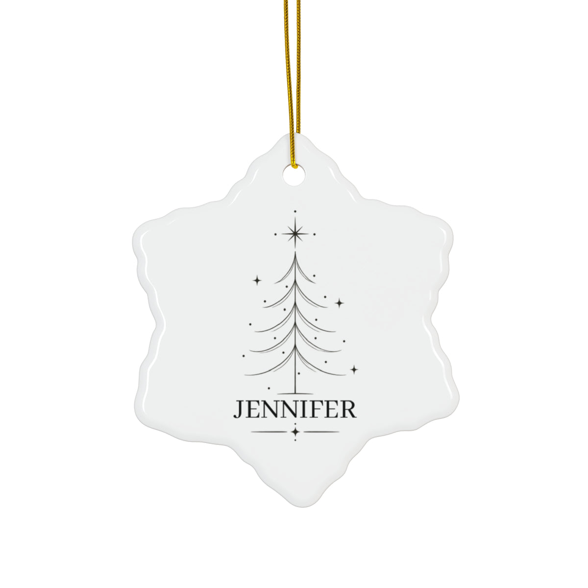 Minimal Christmas tree name ornament in a snowflake shape
