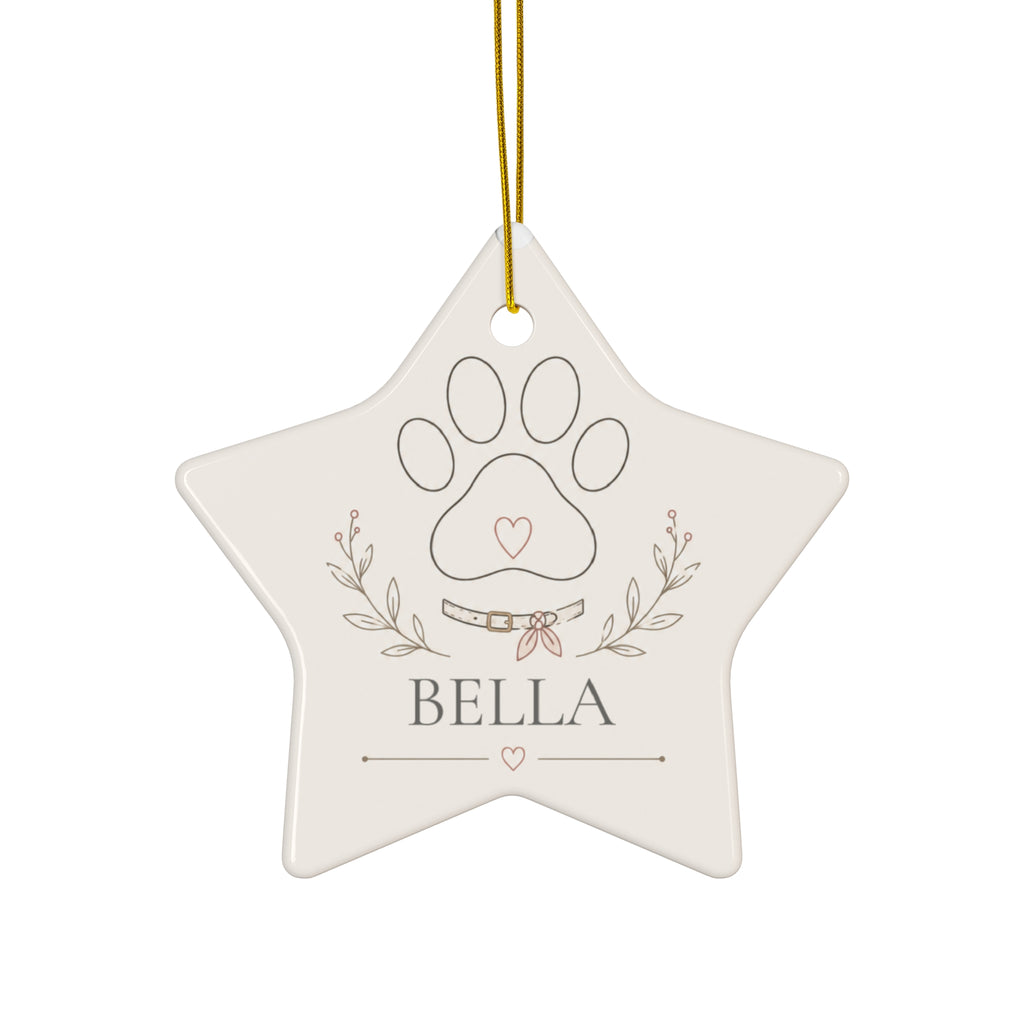 Pet name Christmas ornament with paw print in a star shape