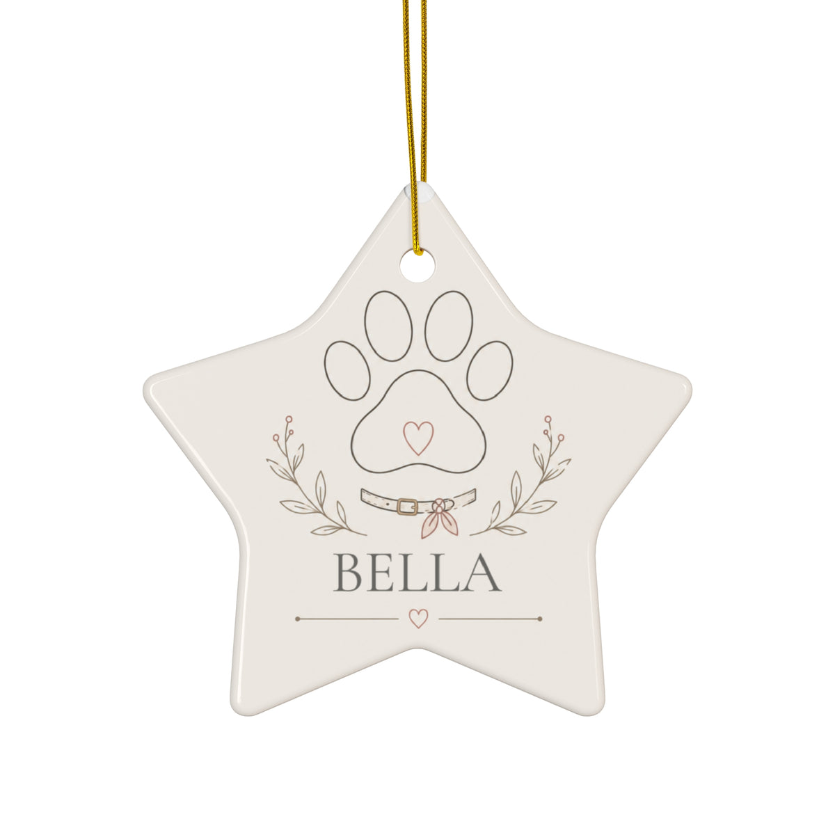 Pet name Christmas ornament with paw print in a star shape