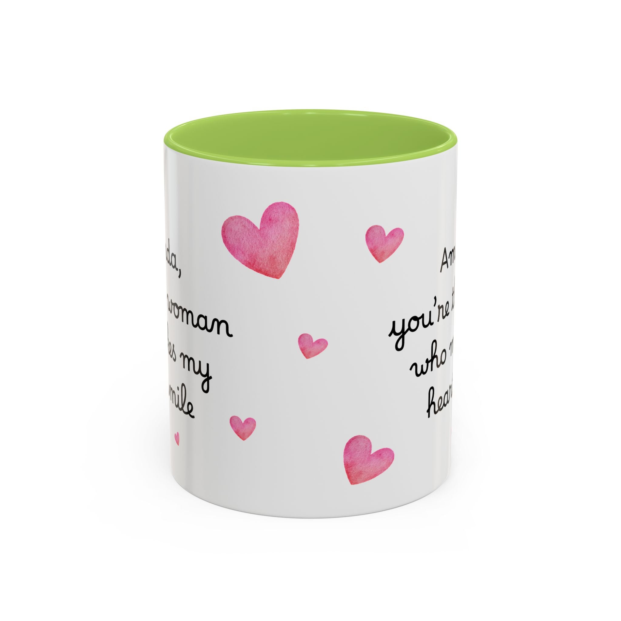 Personalized Heart Coffee Mug — "[Name], you’re the woman who makes my heart smile" (Accent 11/15oz)
