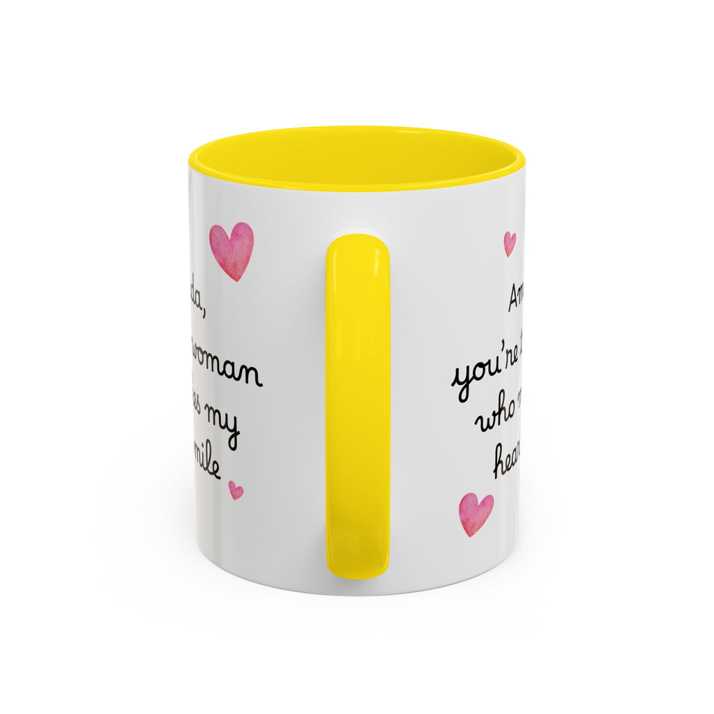 Personalized Heart Coffee Mug — "[Name], you’re the woman who makes my heart smile" (Accent 11/15oz)