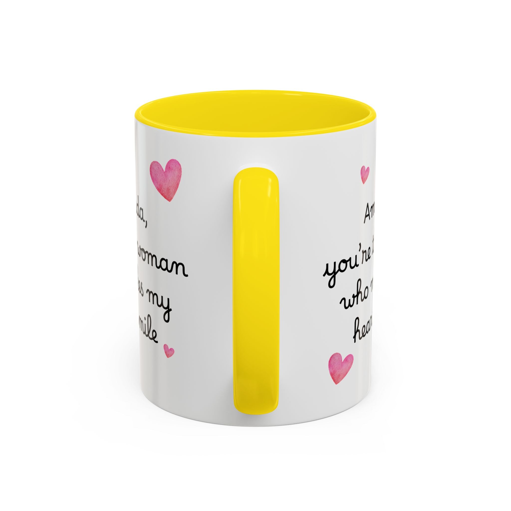 Personalized Heart Coffee Mug — "[Name], you’re the woman who makes my heart smile" (Accent 11/15oz)