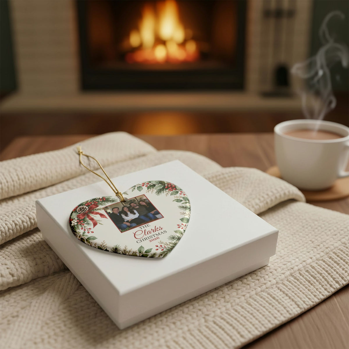 Heart-shaped family photo Christmas ornament on a white gift box by the fireplace