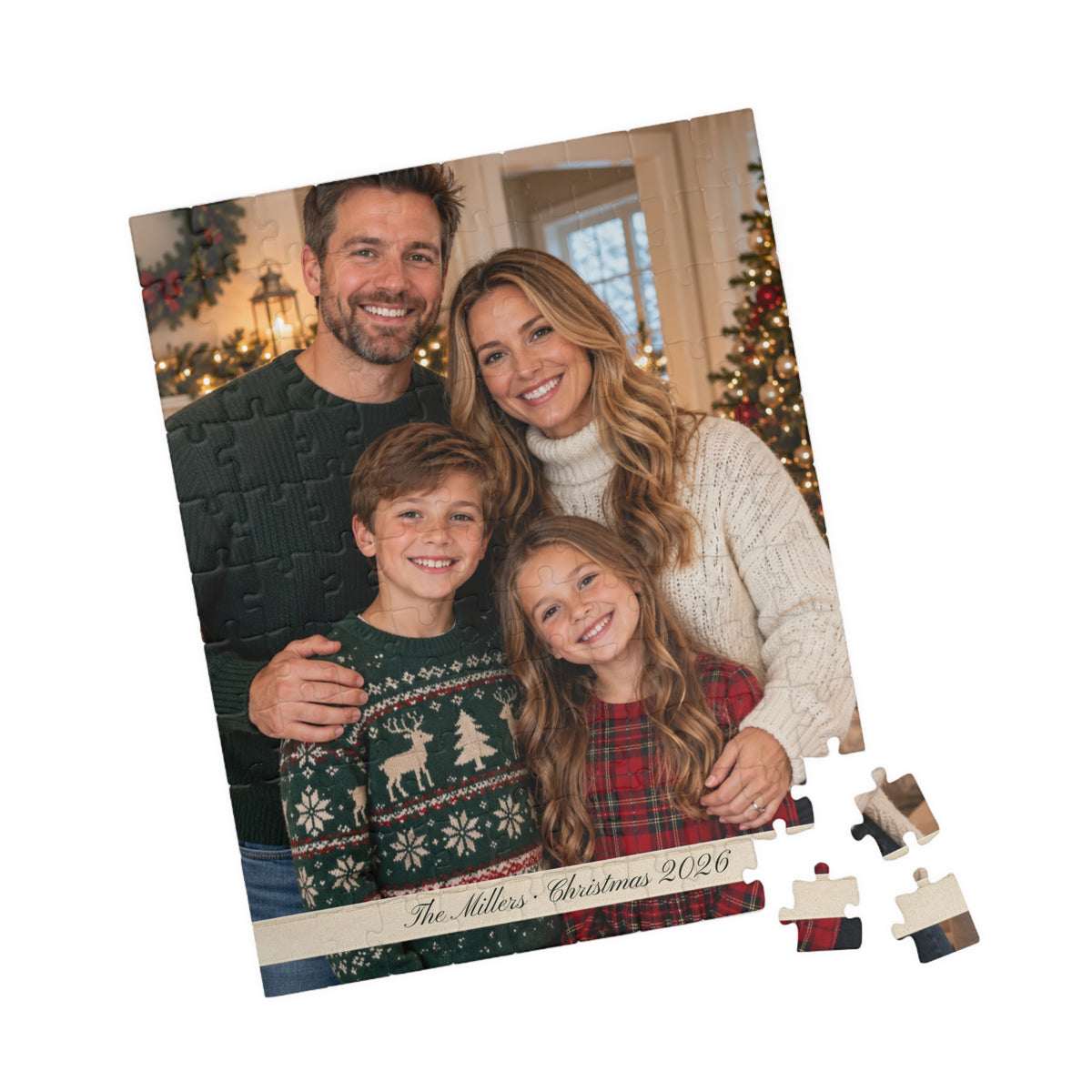 Completed portrait photo puzzle with a few pieces left to place