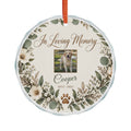 Pet memorial ornament, round glass with dog photo, In Loving Memory and Cooper with soft florals