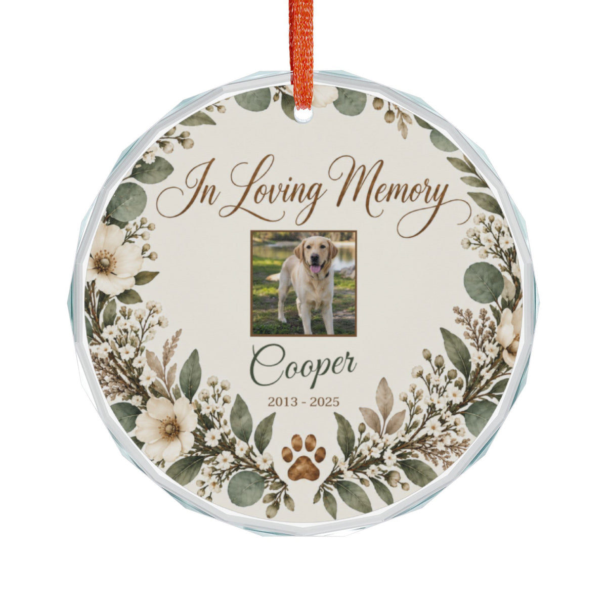 Pet memorial ornament, round glass with dog photo, In Loving Memory and Cooper with soft florals