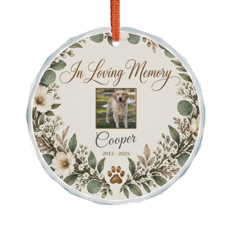 Pet memorial ornament, round glass with dog photo, In Loving Memory and Cooper with soft florals