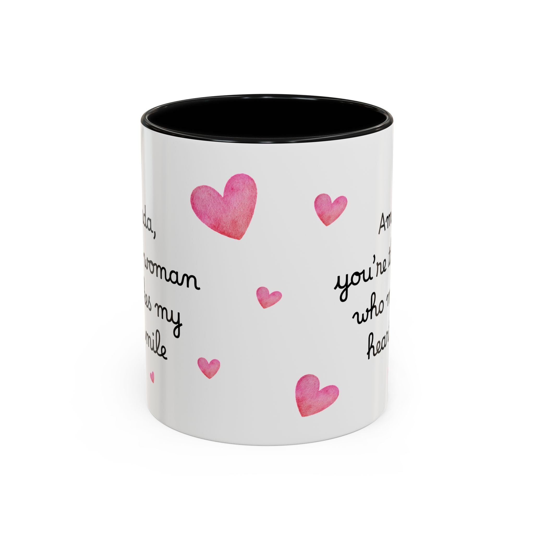 Personalized Heart Coffee Mug — "[Name], you’re the woman who makes my heart smile" (Accent 11/15oz)