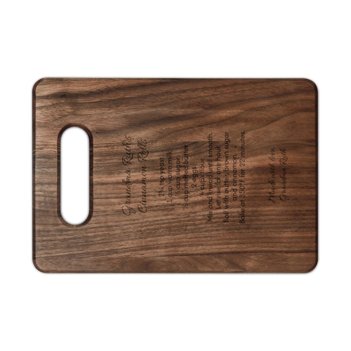Grandma's recipe cutting board, walnut rectangle board with handle, engraved with Grandma Ruth's Cinnamon Rolls recipe