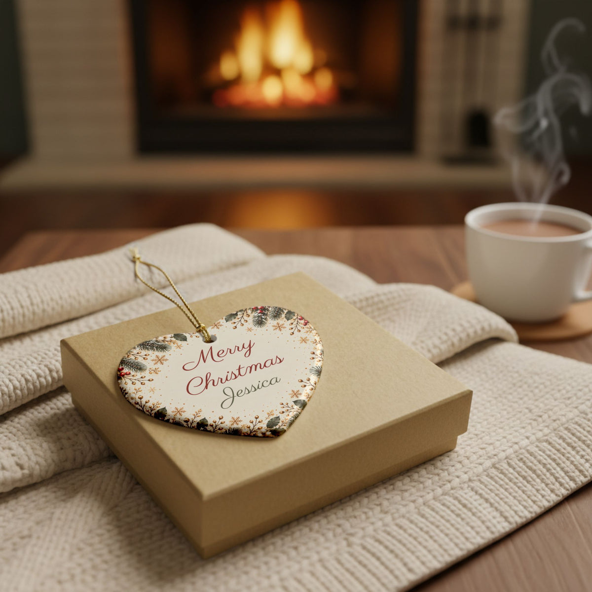 Heart personalized Christmas ornament on a kraft gift box by the fireplace