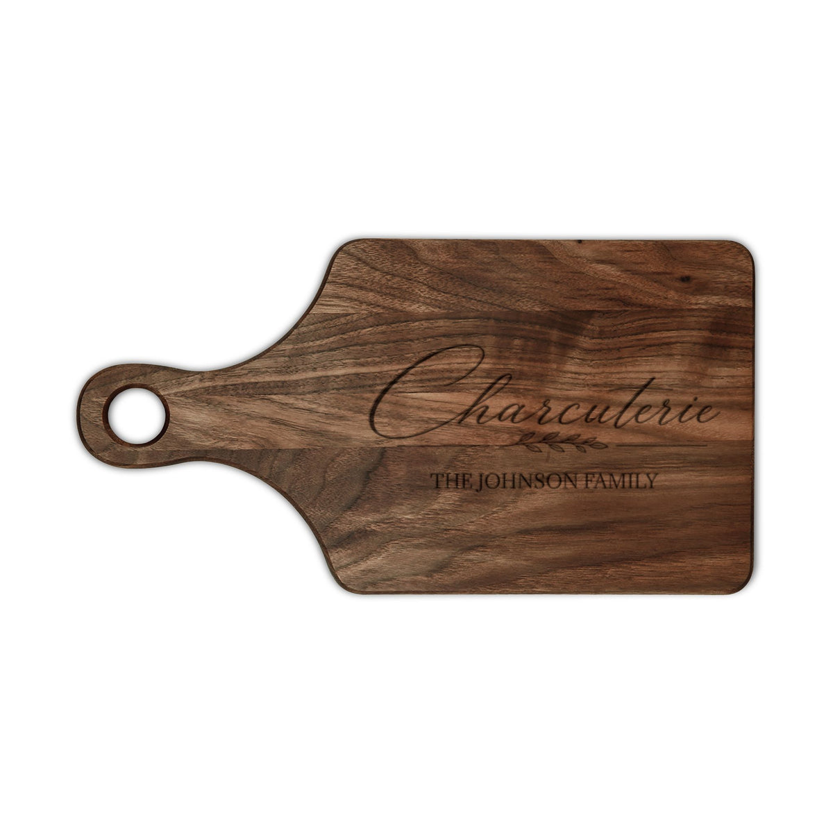 Family name charcuterie paddle board in walnut, engraved Charcuterie and family name