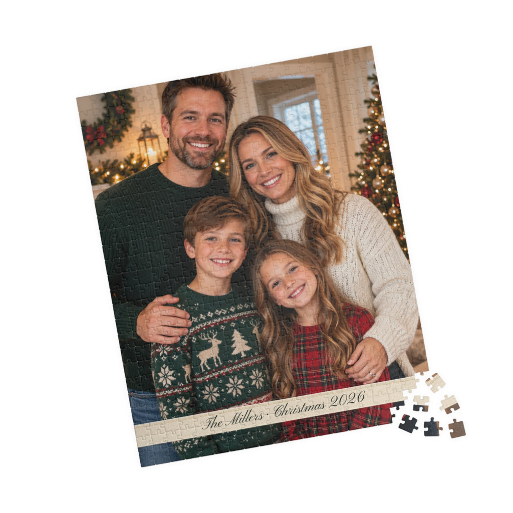 Portrait family photo puzzle with custom text, almost finished