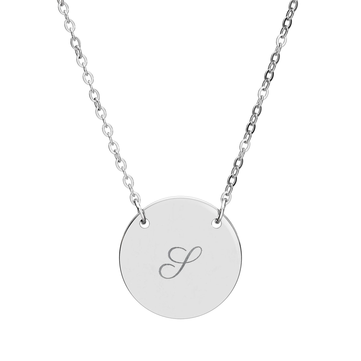 Personalized initial disc necklace in stainless steel, engraved with a script initial J