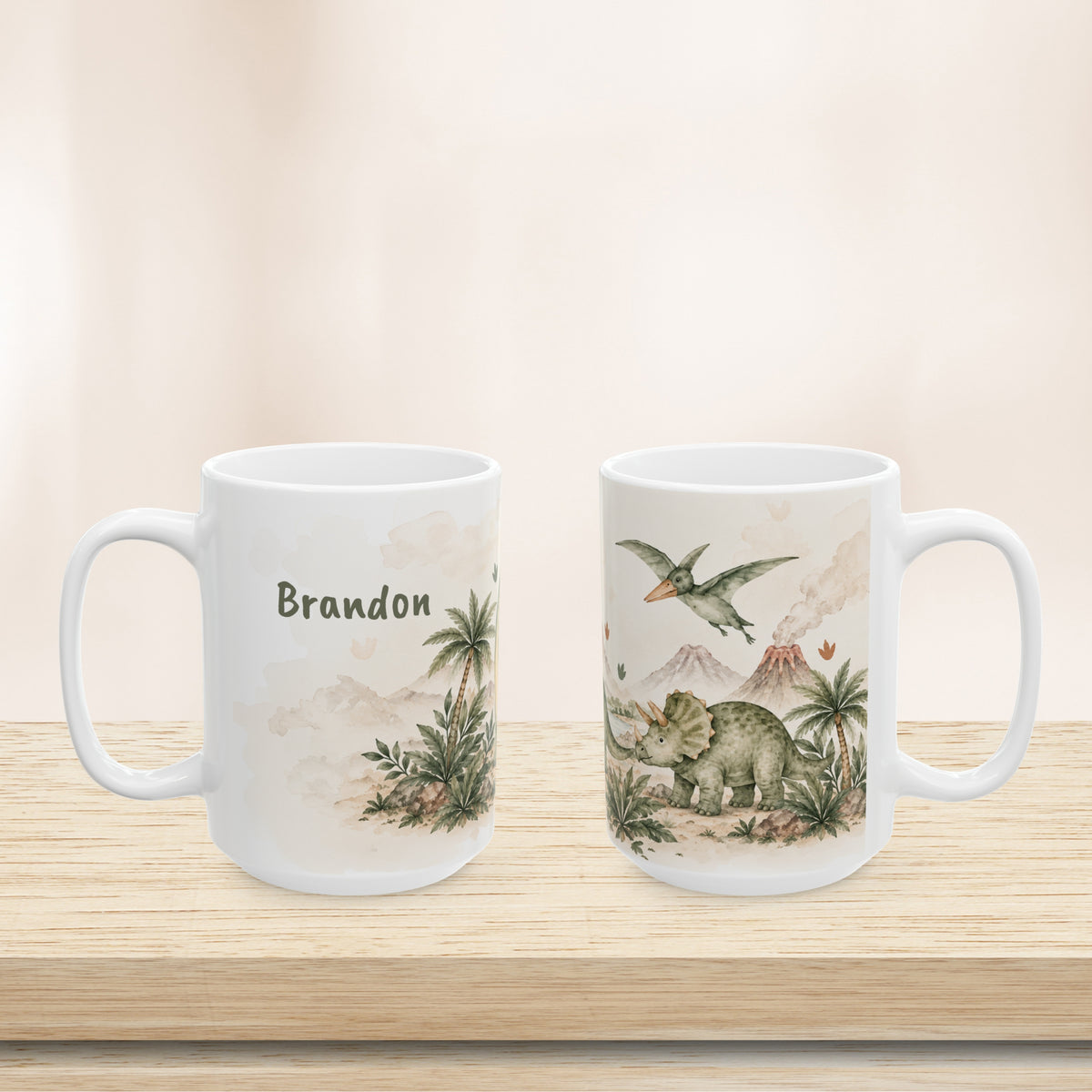 Personalized Name Kids Dinosaur Ceramic Mug Watercolor Dino Gift