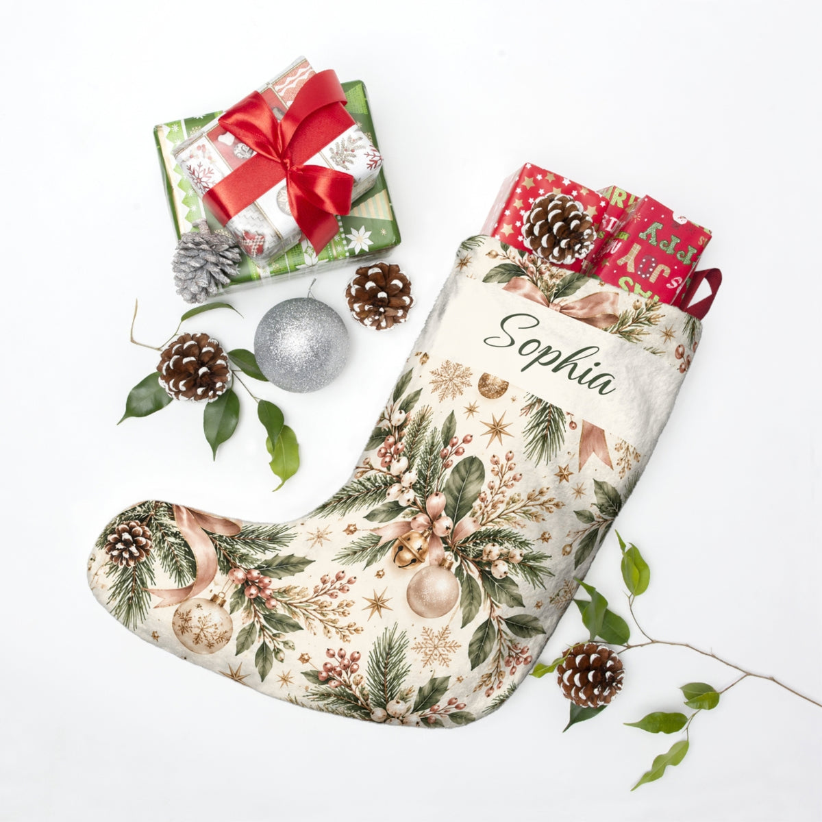 Personalized Couples Christmas Custom Name Botanical Holiday Stocking