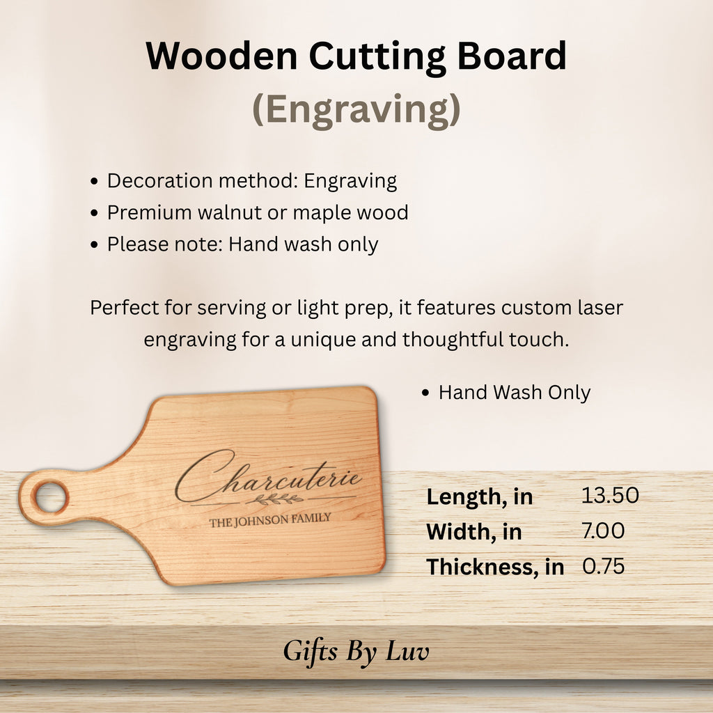 Engraved wooden cutting board details: sizes 13.5 x 7 in paddle and 9 x 6 in rectangle, hand wash only