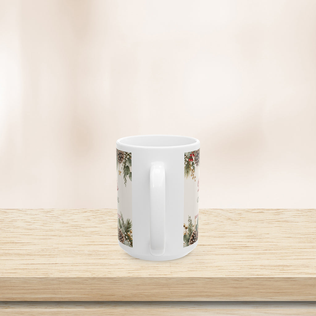 Dad's Christmas mug with kids' names, handle on the right, on a wooden shelf