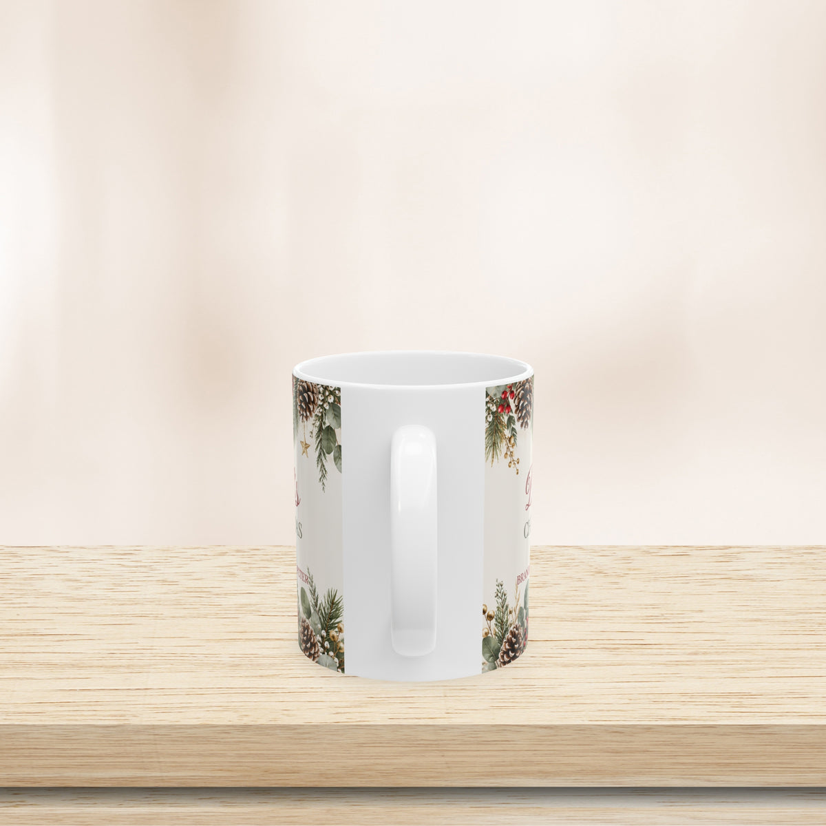 Dad's Christmas mug with kids' names, handle on the left, on a wooden shelf