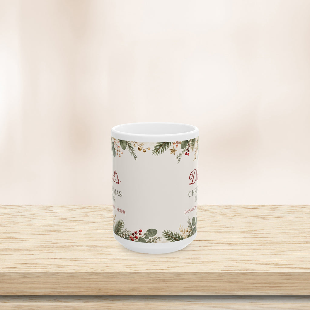 Dad's Christmas mug with kids' names, back view with greenery border