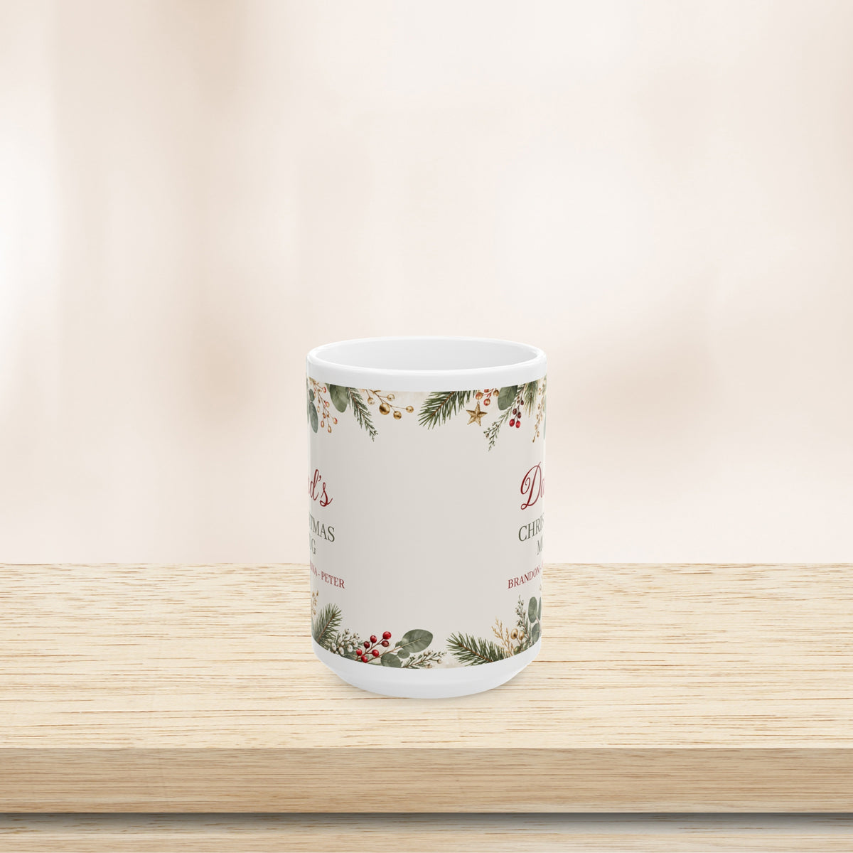 Dad's Christmas mug with kids' names, back view with greenery border
