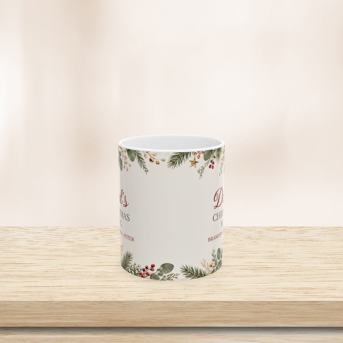 Dad's Christmas mug with kids' names, side view showing the winter greenery wrap