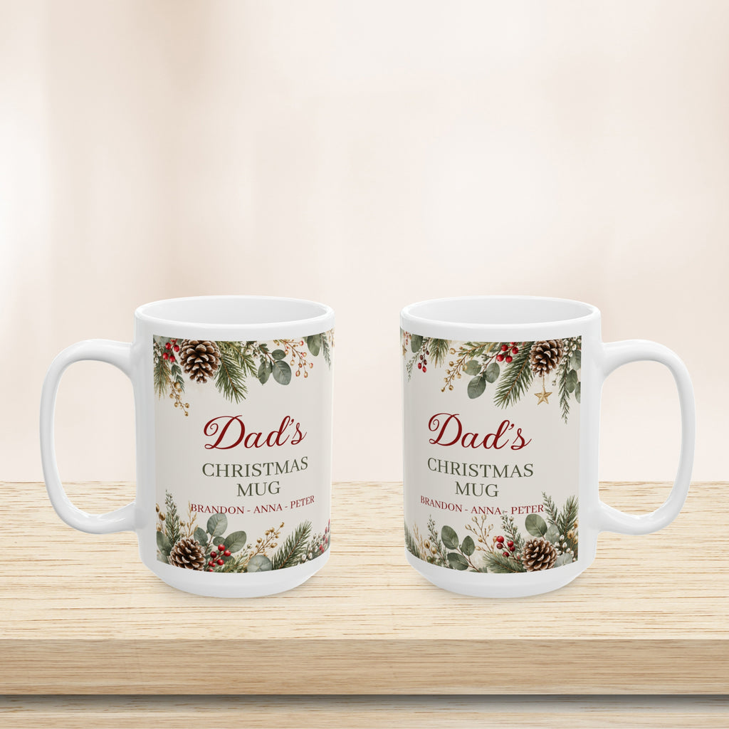 Two personalized Dad Christmas mugs on a wooden shelf, front view