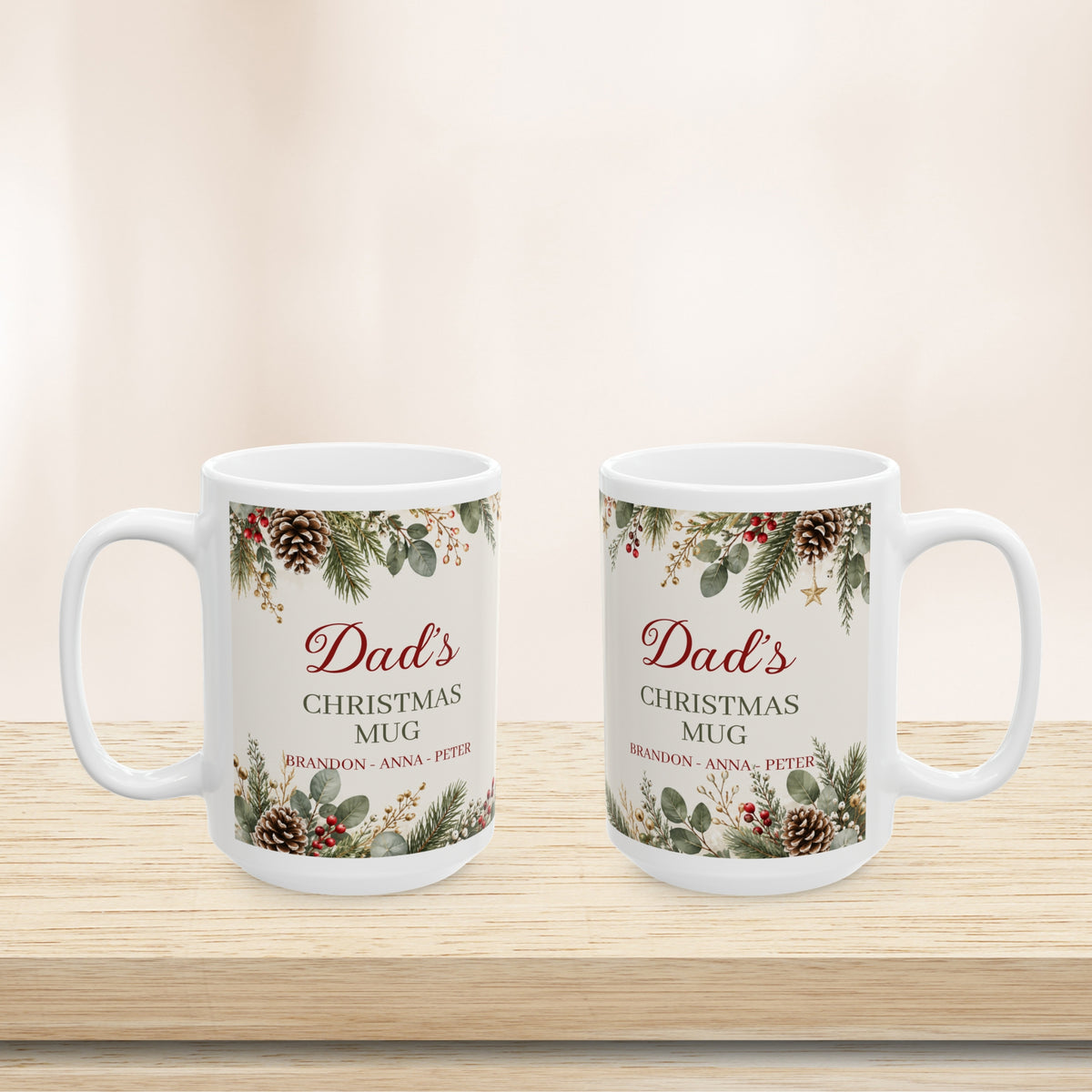 Two personalized Dad Christmas mugs on a wooden shelf, front view