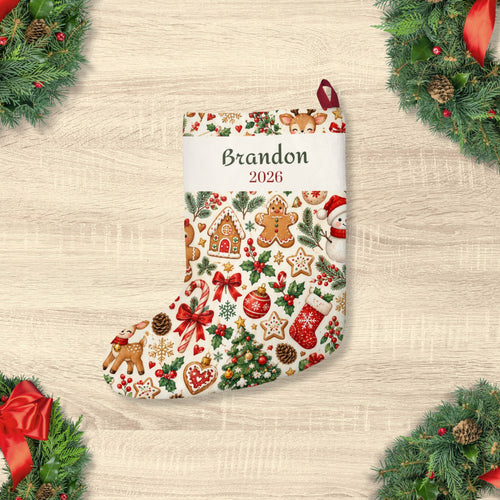 Baby's first Christmas stocking with name Brandon and 2026 on the cuff, gingerbread cookie print