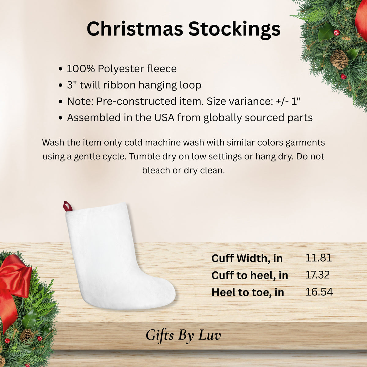 Christmas stocking details: polyester fleece, twill hanging loop, size chart