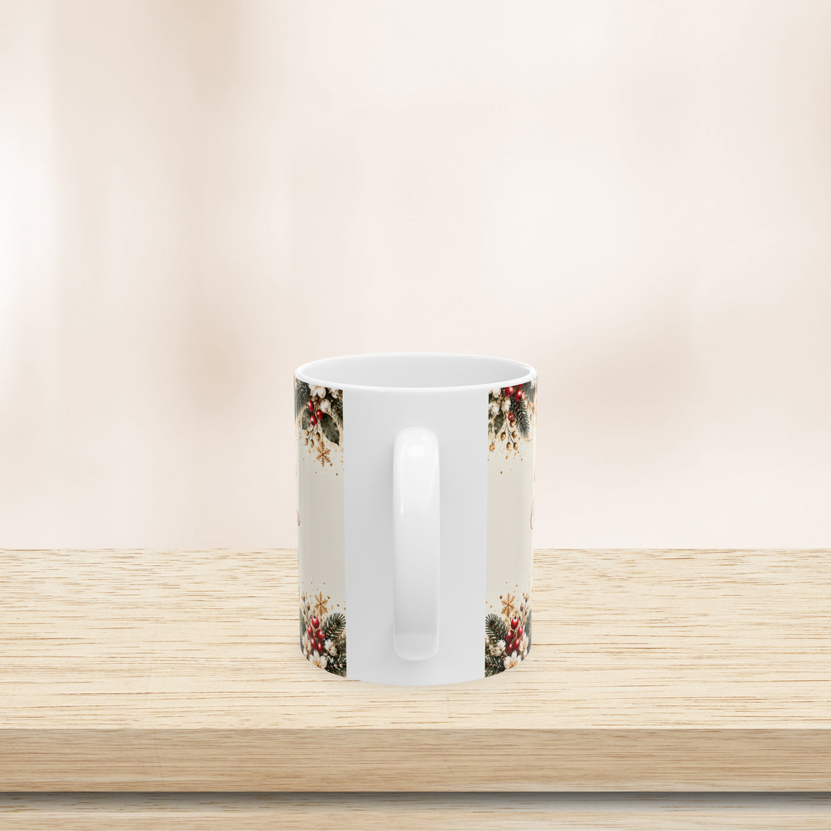 Teacher Christmas mug, handle on the left, on a wooden shelf