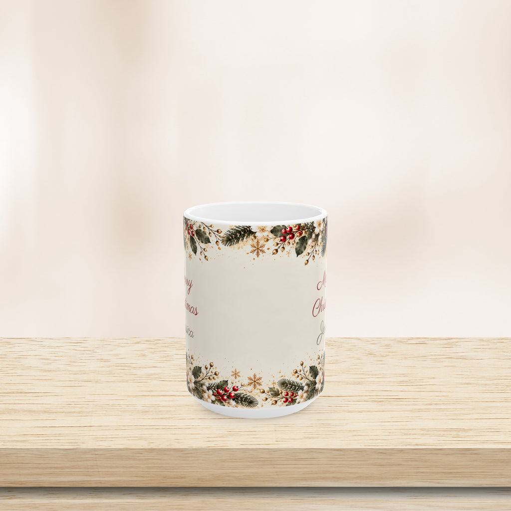 Teacher Christmas mug, back view with greenery border