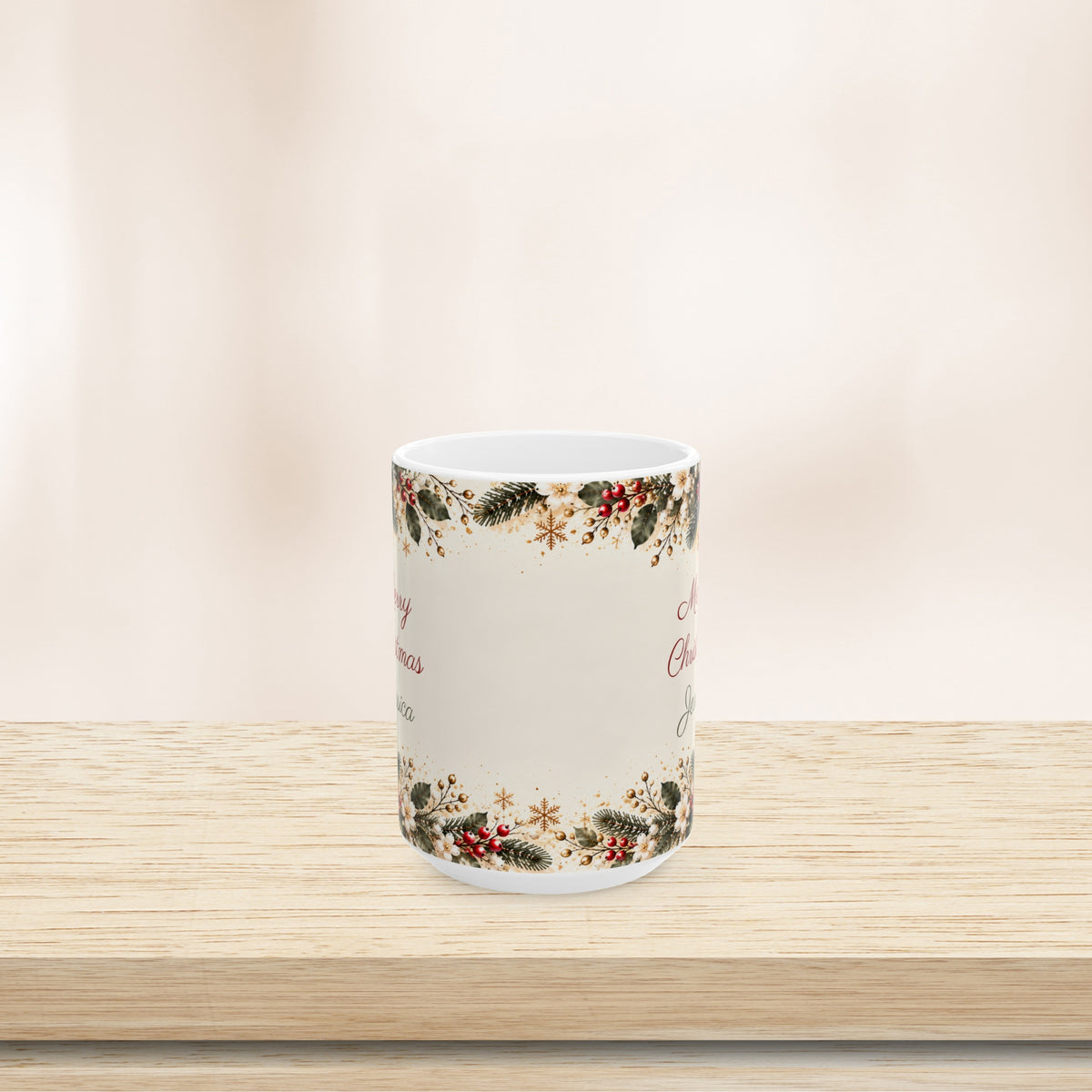 Teacher Christmas mug, back view with greenery border