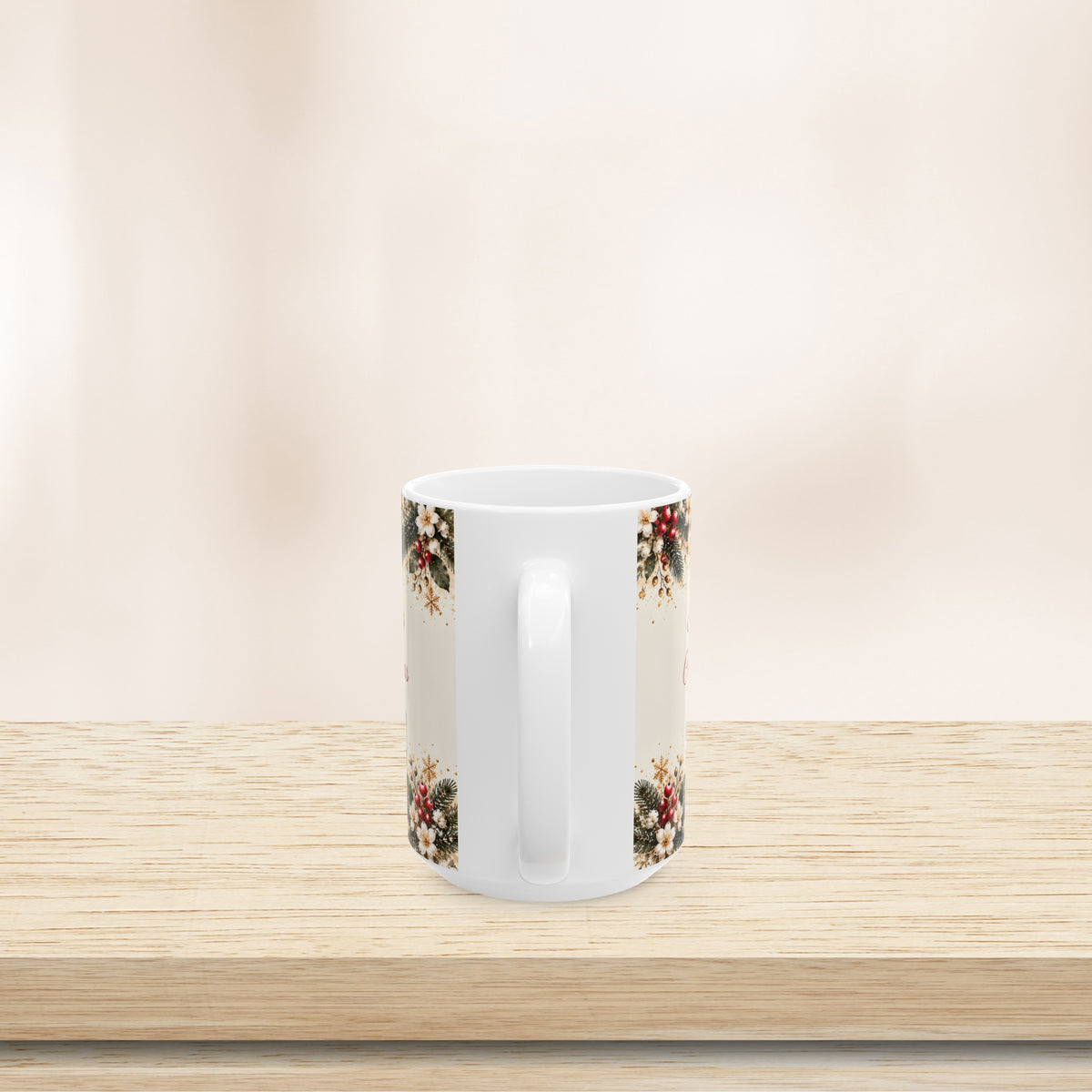 Teacher Christmas mug, handle on the right, on a wooden shelf