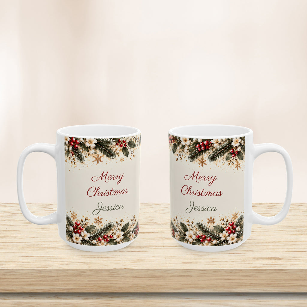 Two teacher Christmas mugs on a wooden shelf, front view