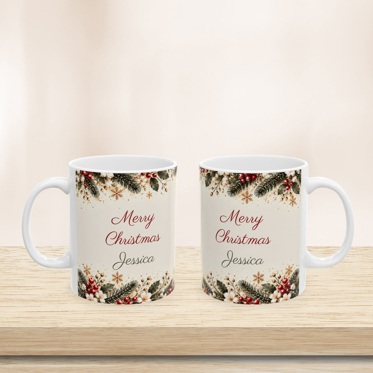 11 oz and 15 oz teacher Christmas mugs side by side on a wooden shelf