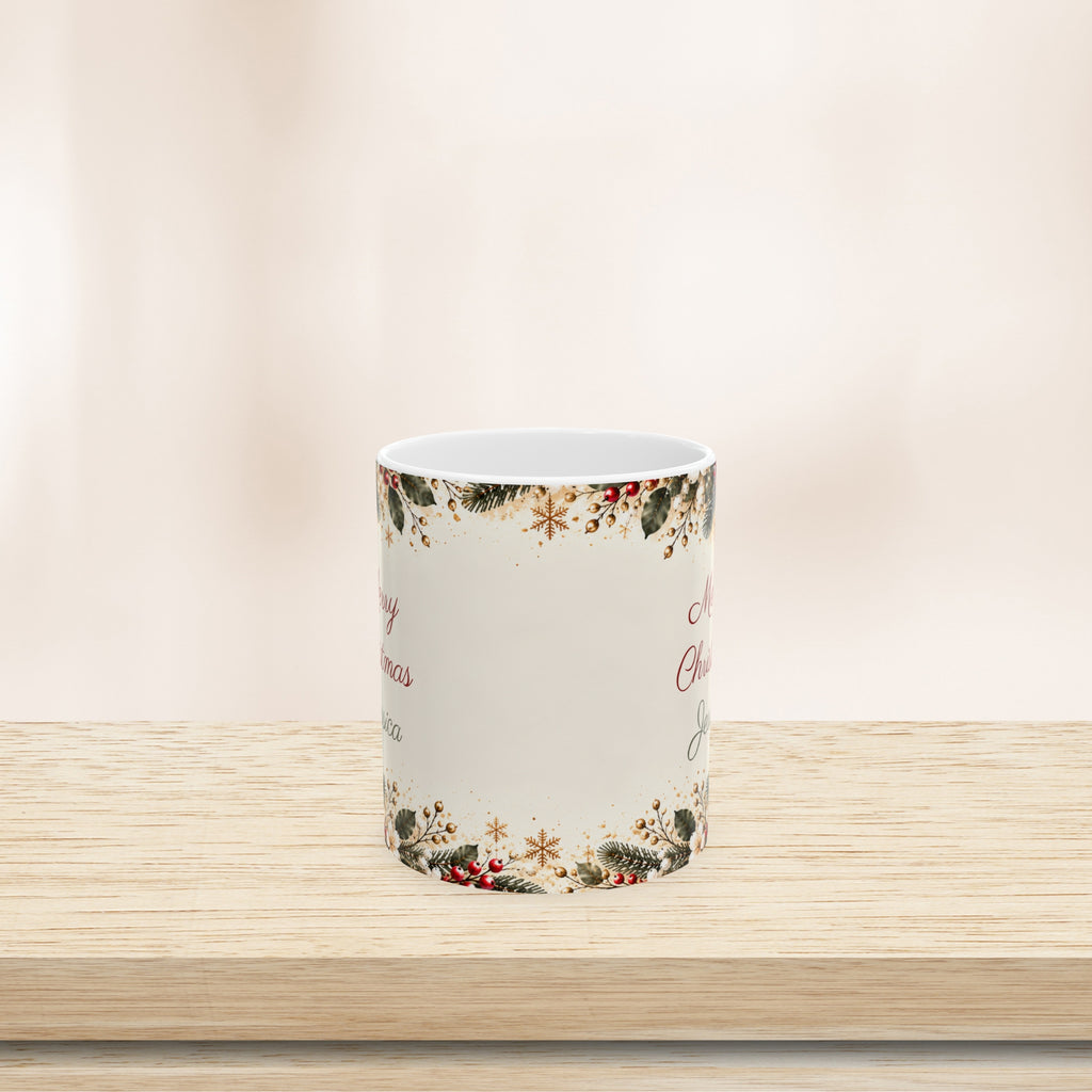 Teacher Christmas mug, side view showing the winter greenery wrap