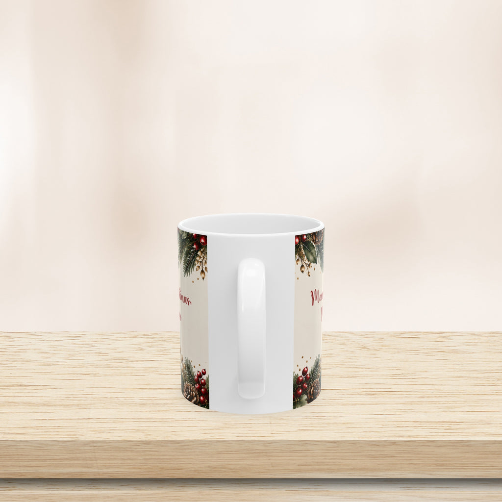 Merry Christmas My Love mug, handle on the left, on a wooden shelf