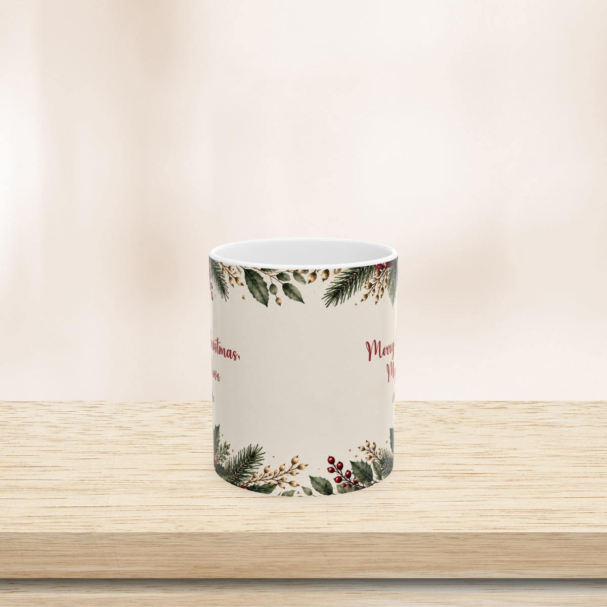 Merry Christmas My Love mug, side view showing the winter greenery wrap