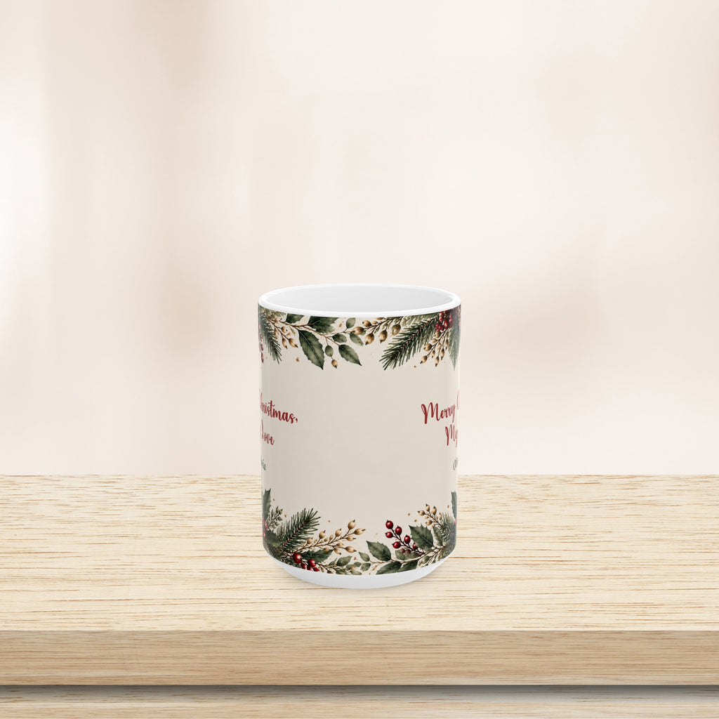 Merry Christmas My Love mug, back view with greenery border